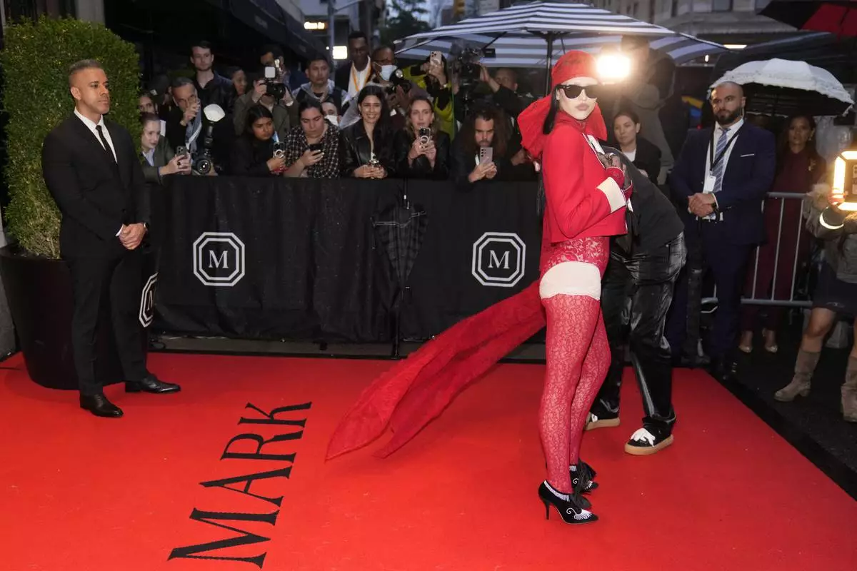 Amelia Hamlin departs The Mark Hotel prior to attending The Metropolitan Museum of Art's Costume Institute benefit gala celebrating the opening of "Superfine: Tailoring Black Style" on Monday, May 5, 2025, in New York. (Photo by Charles Sykes/Invision/AP)