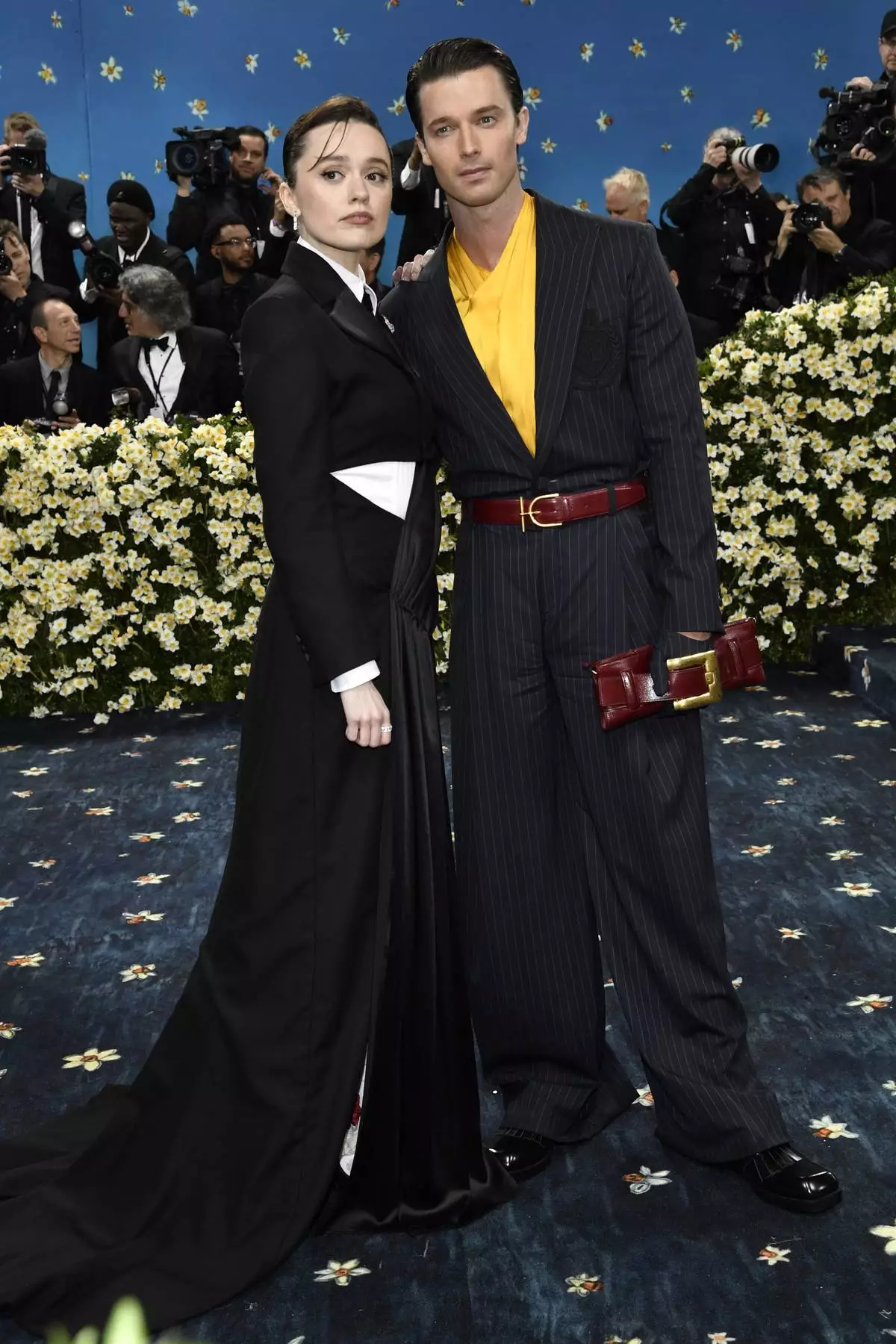 Aimee Lou Wood, left, Patrick Schwarzenegger attend The Metropolitan Museum of Art's Costume Institute benefit gala celebrating the opening of the "Superfine: Tailoring Black Style" exhibition on Monday, May 5, 2025, in New York. (Photo by Evan Agostini/Invision/AP)