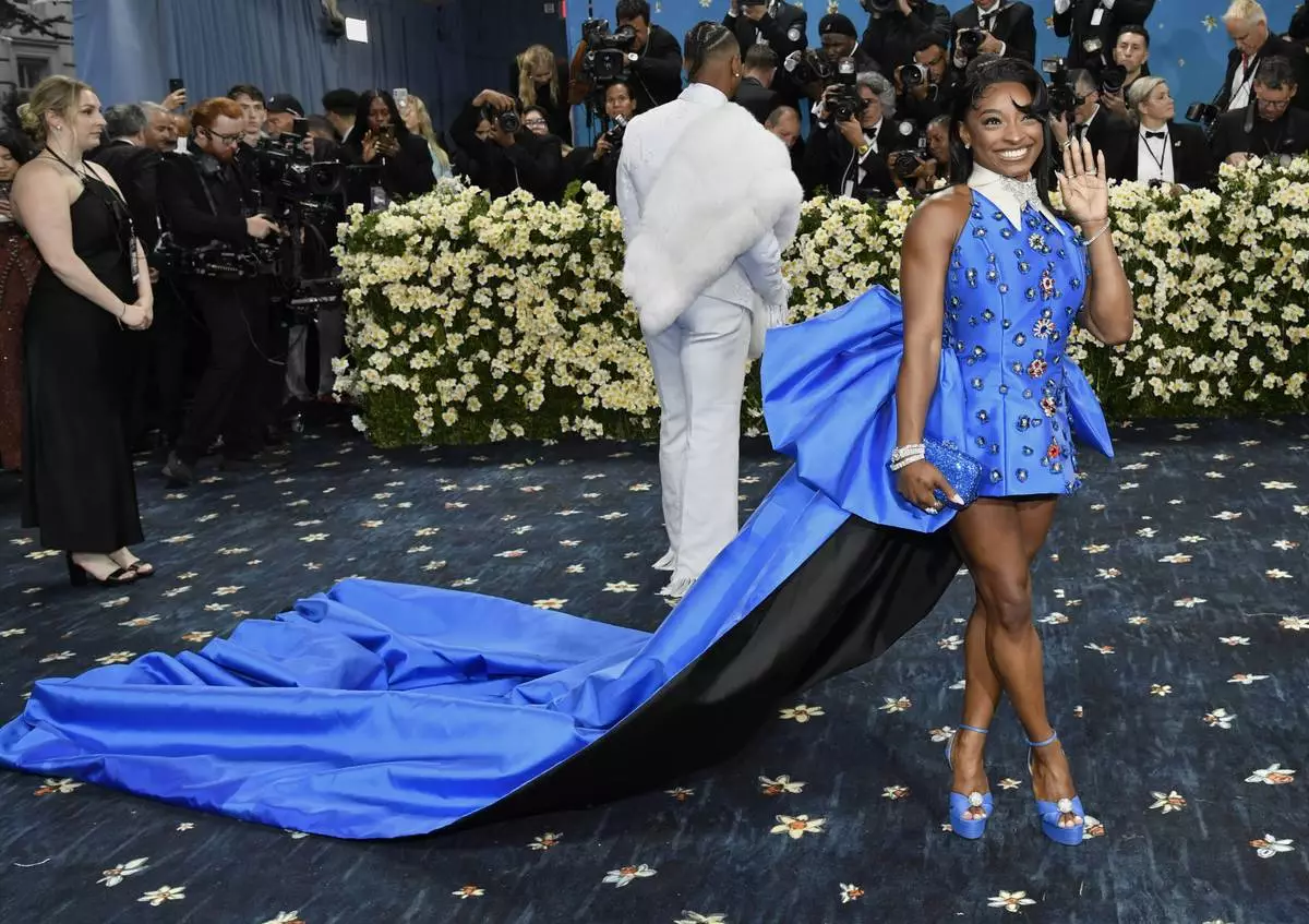 Simone Biles attends The Metropolitan Museum of Art's Costume Institute benefit gala celebrating the opening of the "Superfine: Tailoring Black Style" exhibition on Monday, May 5, 2025, in New York. (Photo by Evan Agostini/Invision/AP)