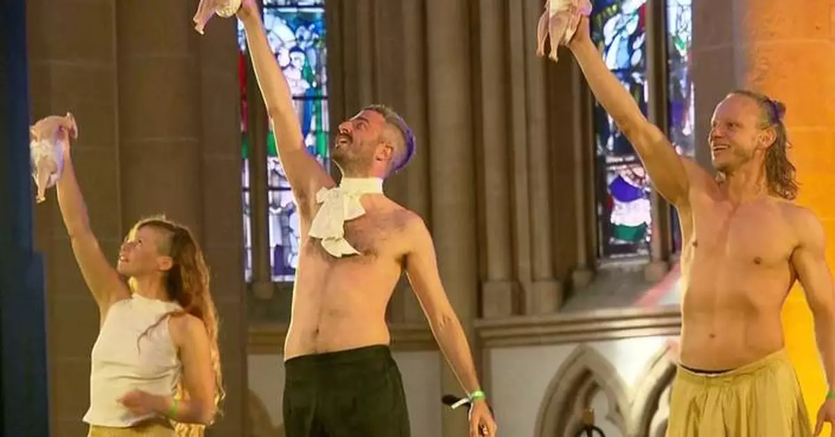 A show inside a cathedral featured raw chickens in diapers. The German president was in the audience
