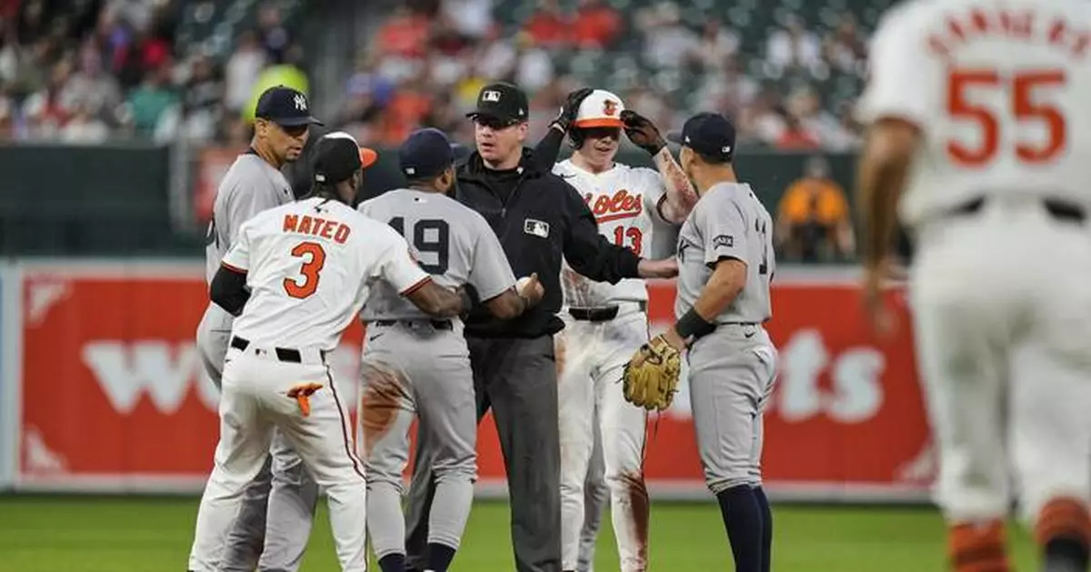 Benches clear in Baltimore, but order is restored quickly as the Orioles top the Yankees 5-4