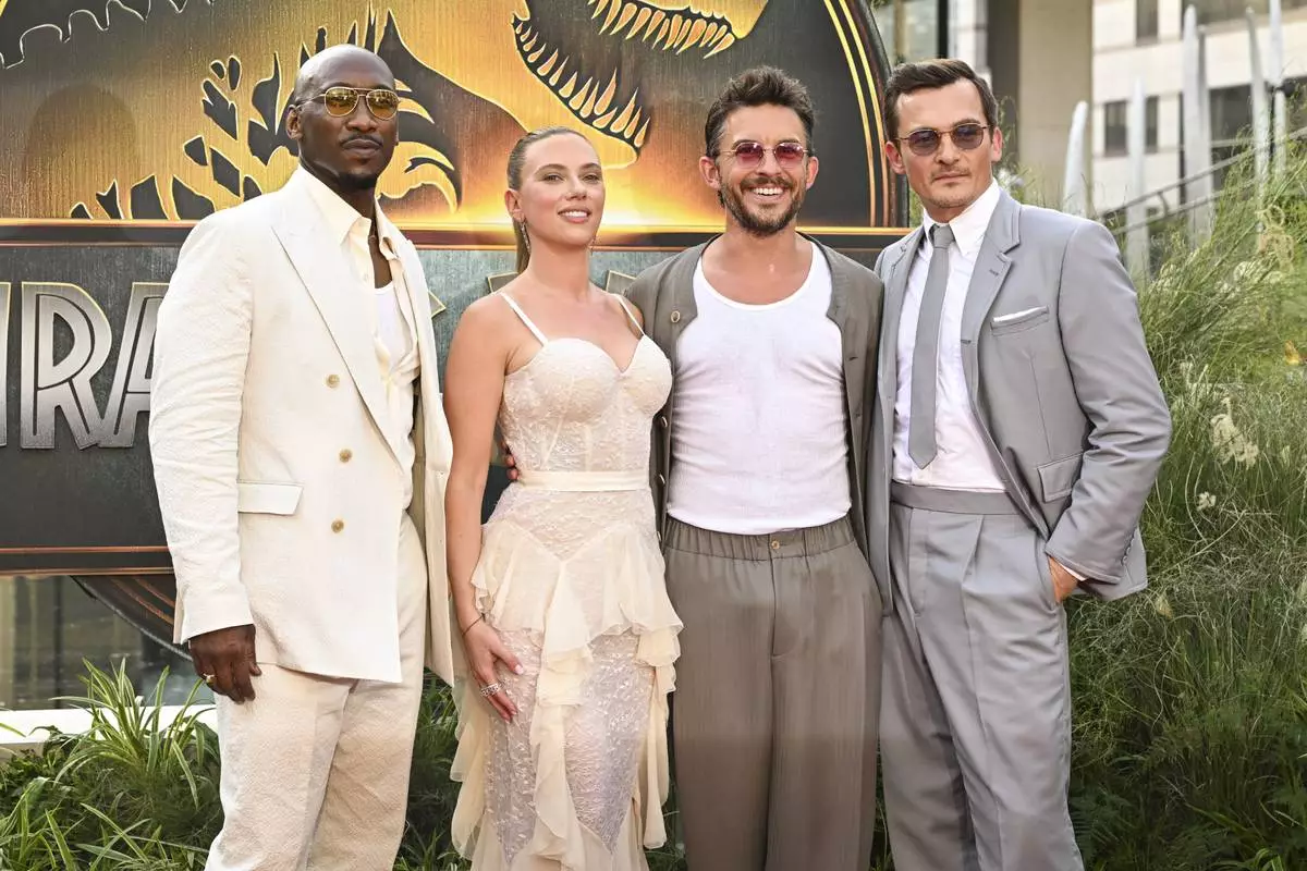 Mahershala Ali, from left, Scarlett Johansson, Jonathan Bailey, and Rupert Friend attend the "Jurassic World Rebirth" premiere on Monday, June 23, 2025, at Lincoln Center in New York. (Photo by Evan Agostini/Invision/AP)