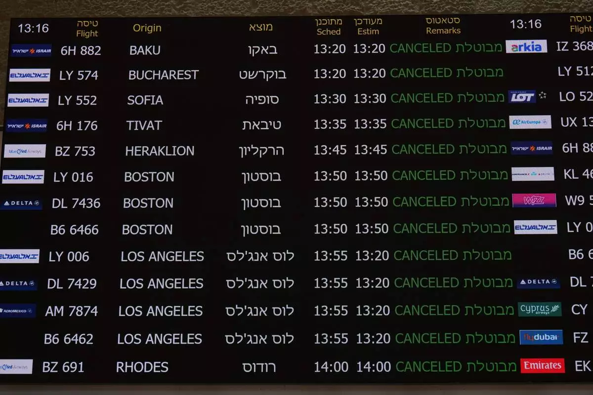 The flight information board at Israel's Ben Gurion Airport shows flight cancellations following an Israeli military strike on Iran, near Tel Aviv, Israel, Friday, June 13, 2025. (AP Photo/Ariel Schalit)