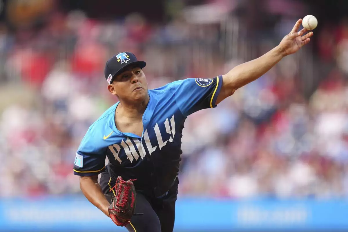 Philadelphia Phillies pitcher Ranger Suárez throws during the first inning of a baseball game against the Toronto Blue Jays, Friday, June 13, 2025, in Philadelphia. (AP Photo/Derik Hamilton)