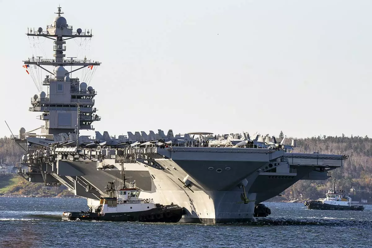 FILE - The USS Gerald R. Ford, arrives in Halifax, on Oct. 28, 2022. (Andrew Vaughan/The Canadian Press via AP, File)