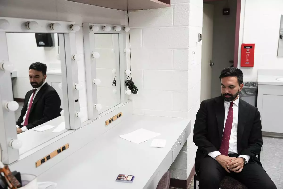 Assemblyman Zohran Mamdani preps before the New York City Democratic Mayoral Primary Debate at the John Jay College of Criminal Justice in the Gerald W. Lynch Theater on Thursday, June 12, 2025 in New York City. (Vincent Alban/The New York Times via AP, Pool)