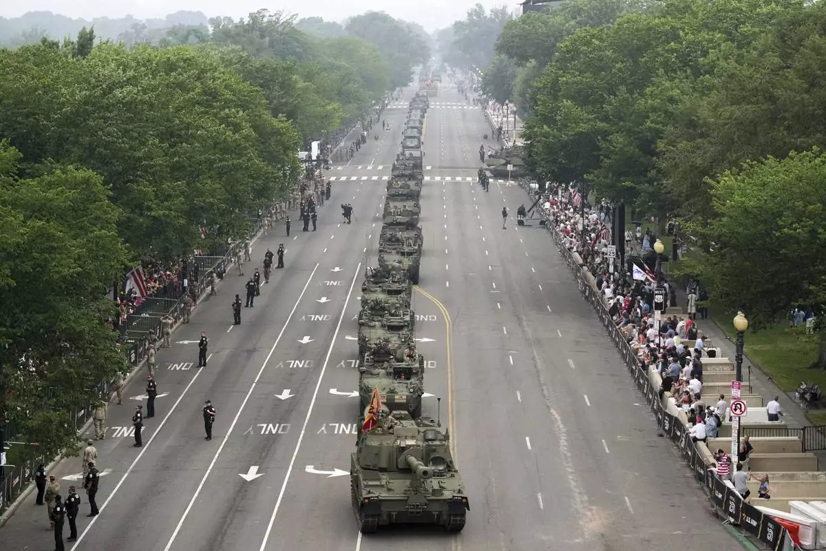 A military parade commemorating the Army's 250th anniversary and coinciding with President Donald Trump's 79th birthday, Saturday, June 14, 2025, in Washington. (AP Photo/Jacquelyn Martin)