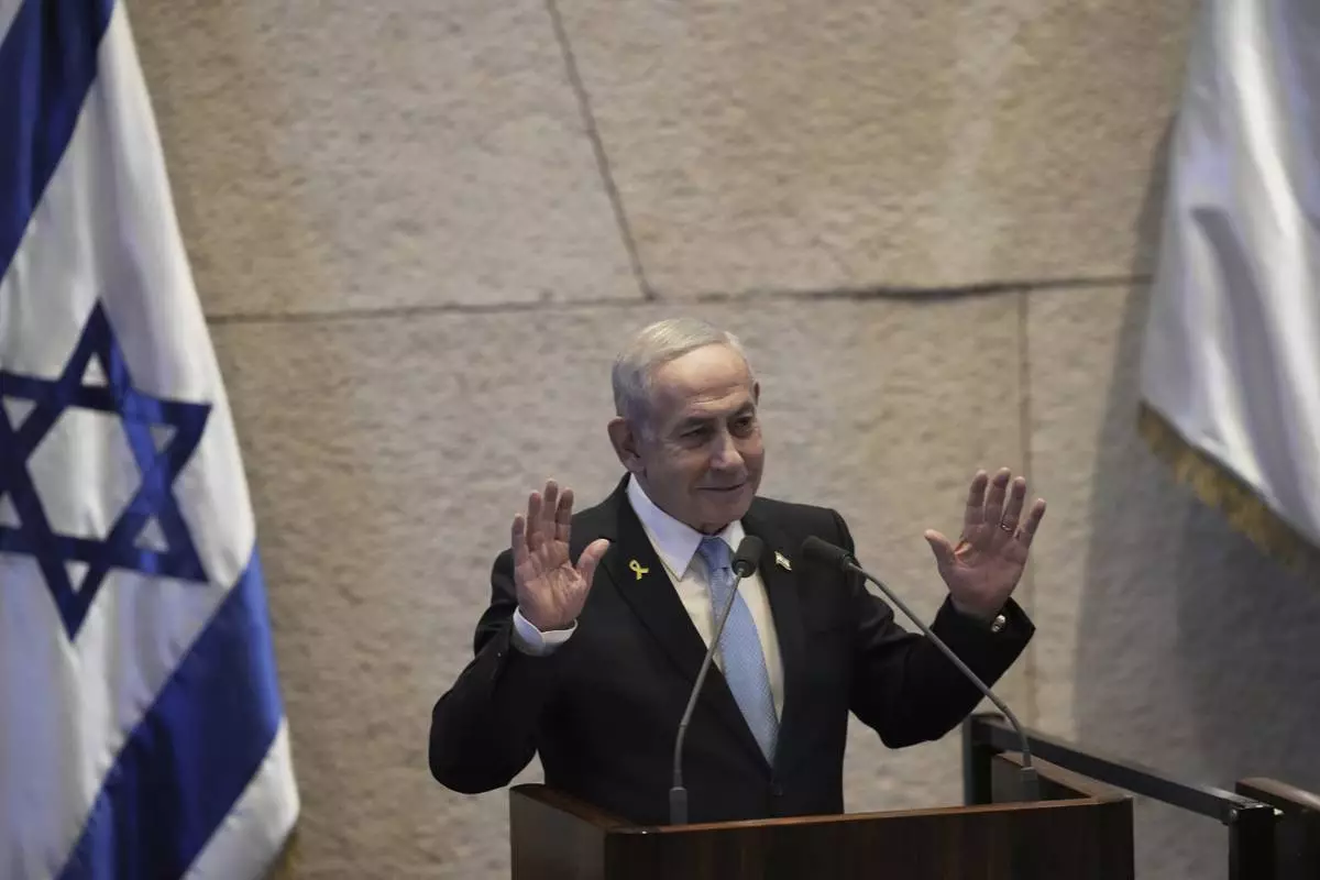 Israel's Prime Minister Benjamin Netanyahu delivers a welcome message during a visit by Argentina's President Javier Milei to the Knesset, Israel's parliament, in Jerusalem, Wednesday, June 11, 2025. (AP Photo/Ohad Zwigenberg)