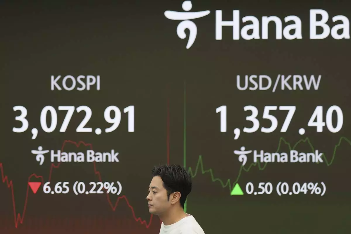A dealer walks past near screens showing the Korea Composite Stock Price Index (KOSPI), left, and the foreign exchange rate between U.S. dollar and South Korean won at a dealing room of Hana Bank in Seoul, South Korea, Friday, June 27, 2025. (AP Photo/Lee Jin-man)