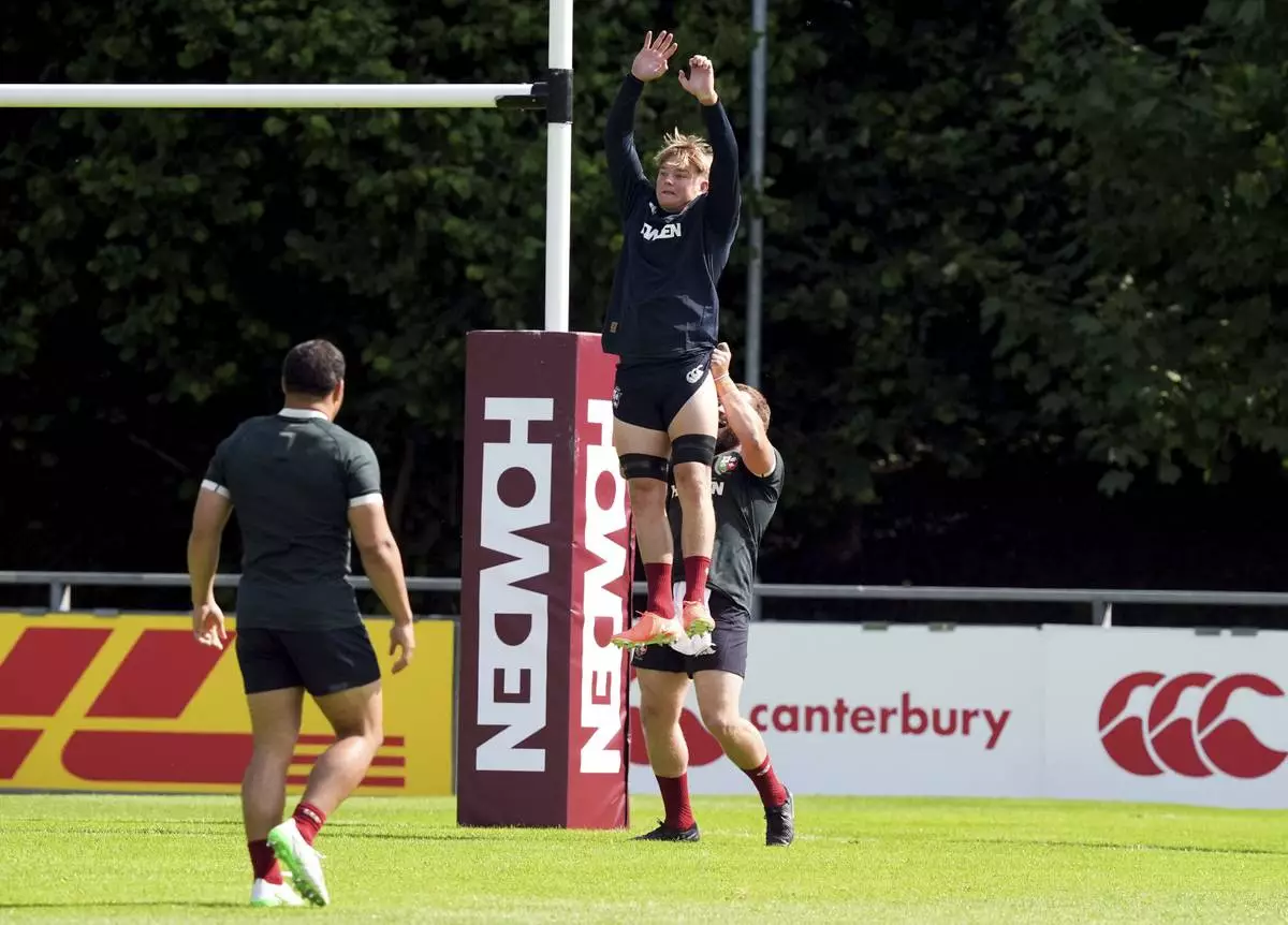 Henry Pollock of the British and Irish Lions during a training session at the USD University Club in Dublin, Monday, June 16, 2025. (Niall Carson/PA via AP)
