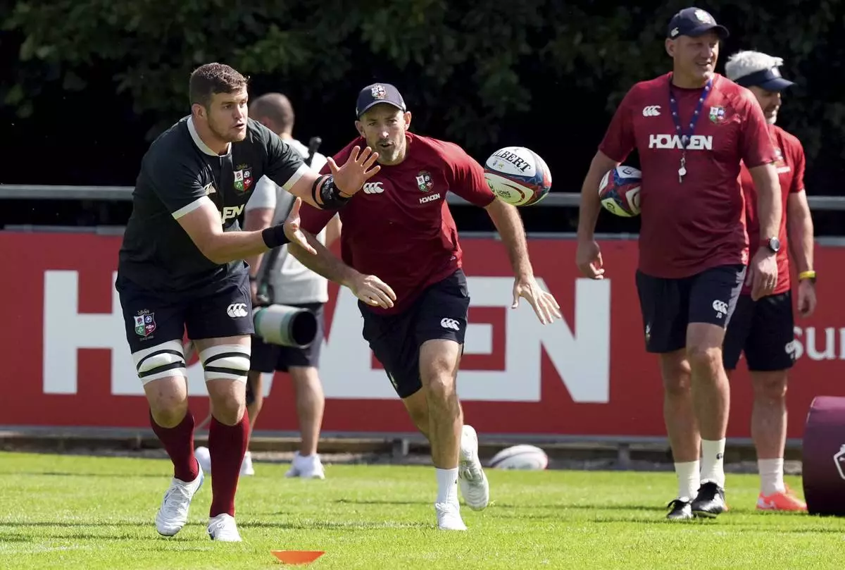 Scott Cummings of the British and Irish Lions during a training session at the USD University Club in Dublin, Monday, June 16, 2025. (Niall Carson/PA via AP)