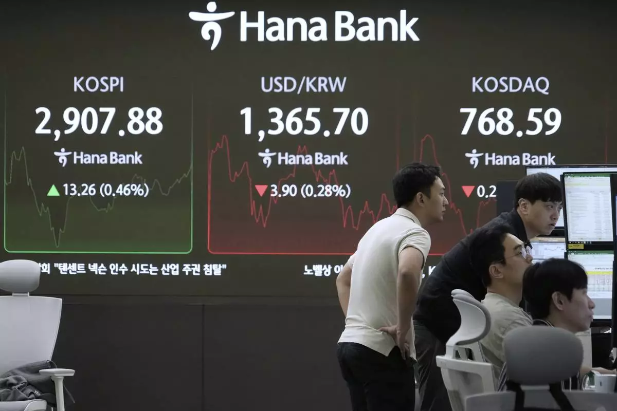 Currency traders watch monitors near a screen showing the Korea Composite Stock Price Index (KOSPI), top left, and the foreign exchange rate between U.S. dollar and South Korean won, top center, at the foreign exchange dealing room of the KEB Hana Bank headquarters in Seoul, South Korea, Monday, June 16, 2025. (AP Photo/Ahn Young-joon)