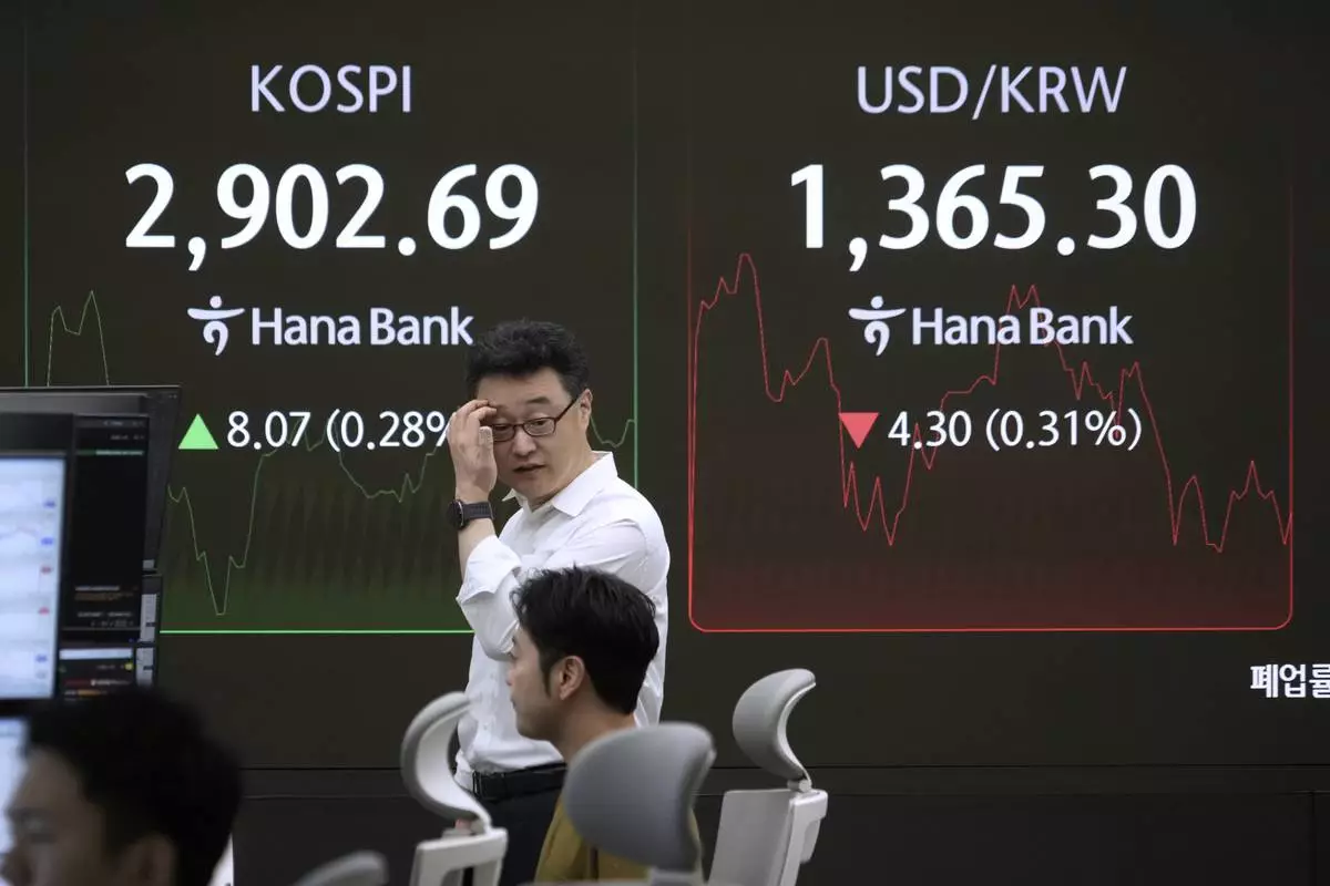 Currency traders work near a screen showing the Korea Composite Stock Price Index (KOSPI), left, and the foreign exchange rate between U.S. dollar and South Korean won at the foreign exchange dealing room of the KEB Hana Bank headquarters in Seoul, South Korea, Monday, June 16, 2025. (AP Photo/Ahn Young-joon)