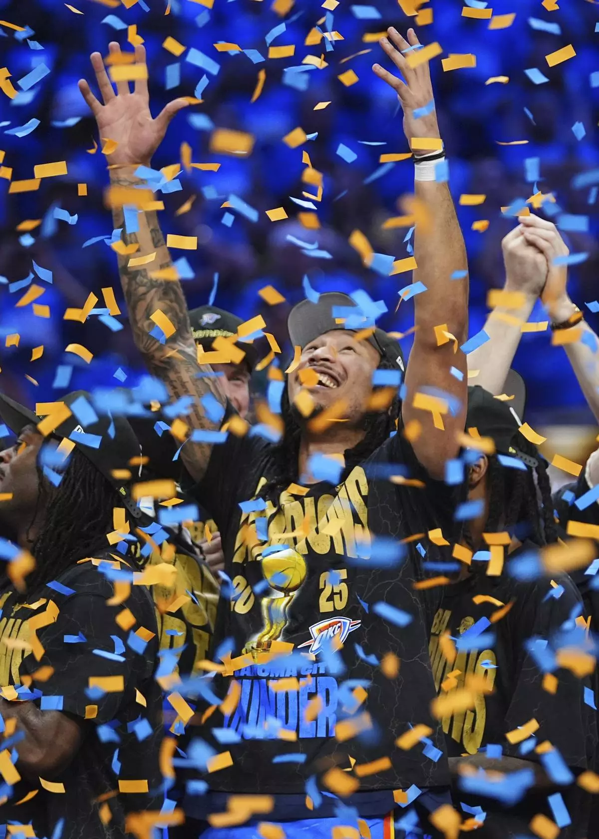 Oklahoma City Thunder forward Jalen Williams celebrates after they won the NBA basketball championship with a Game 7 victory against the Indiana Pacers Sunday, June 22, 2025, in Oklahoma City. (AP Photo/Julio Cortez)