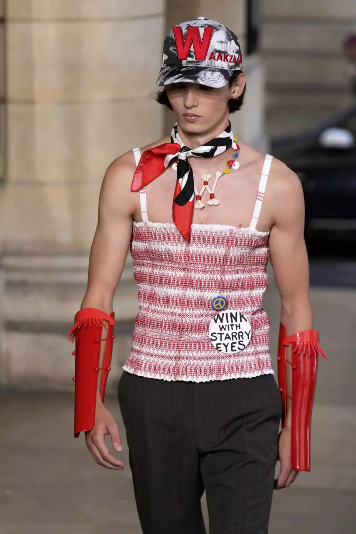 A model wears a creation part of the men's Walter van Beirendonck Spring-Summer 2026 collection, that was presented in Paris Wednesday, June 25, 2025. (AP Photo/Michel Euler)