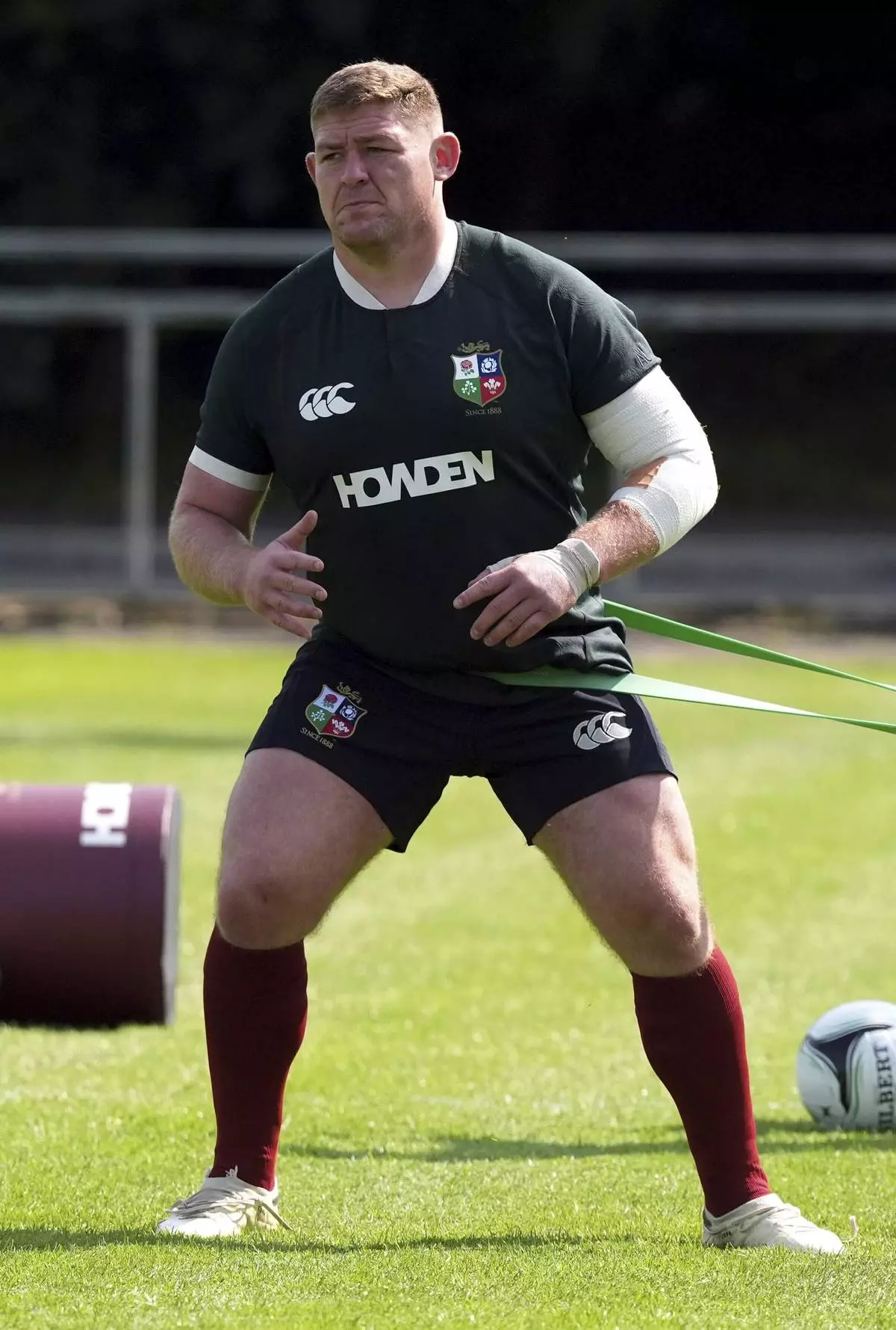 Tadhg Furlong of the British and Irish Lions during a training session at the USD University Club in Dublin, Monday, June 16, 2025. (Niall Carson/PA via AP)