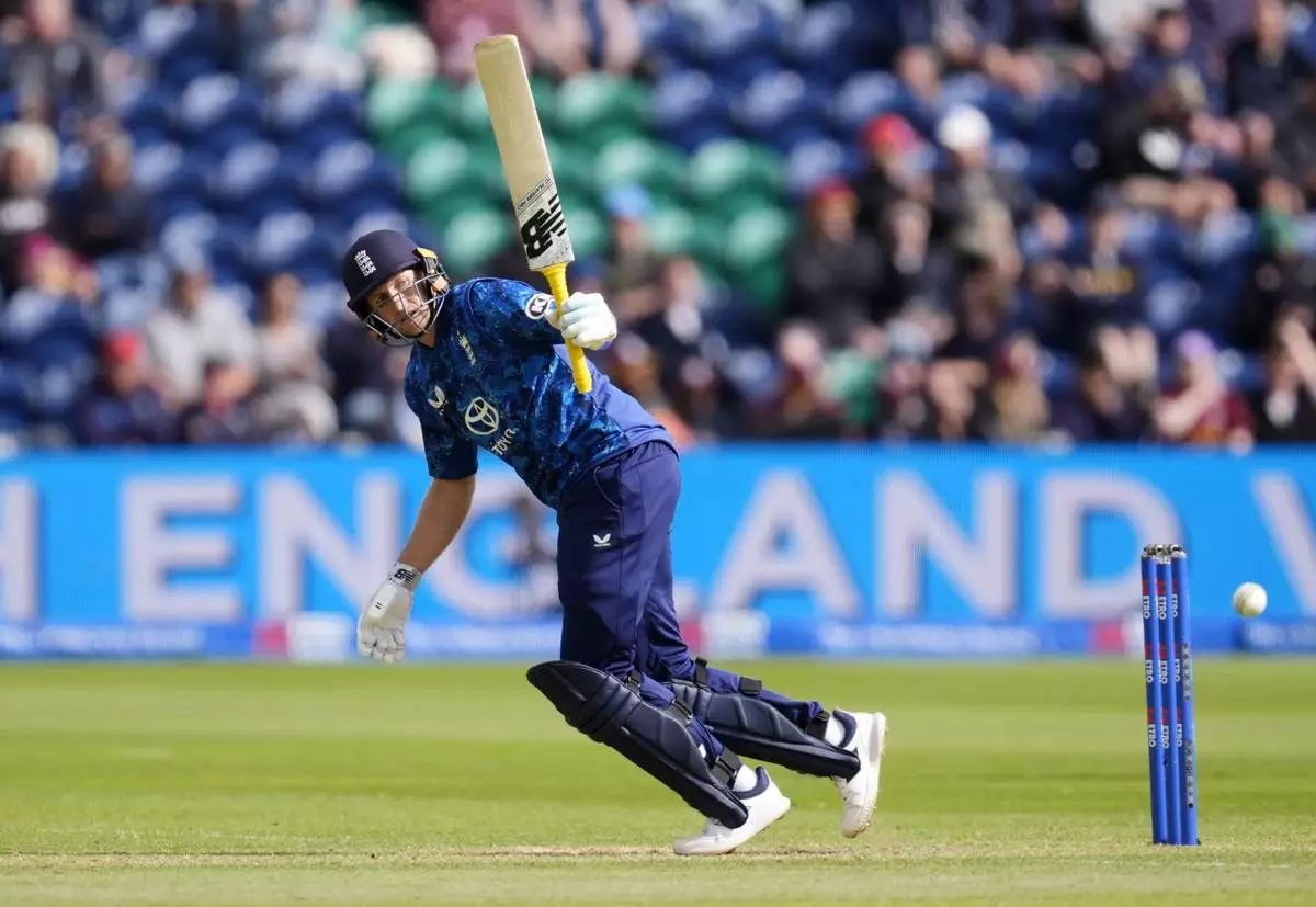 England's Joe Root batting during the second One Day International cricket match between West Indies and England at Sophia Gardens, Cardiff, Wales, Sunday, June 1, 2025. (Nick Potts/PA via AP)