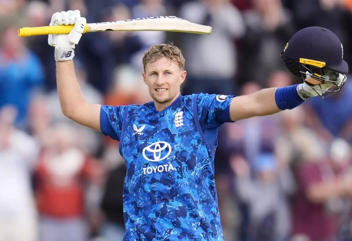 England's Joe Root celebrates after hitting the winning runs after the second One Day International cricket match between West Indies and England at Sophia Gardens, Cardiff, Wales, Sunday, June 1, 2025. (Nick Potts/PA via AP)