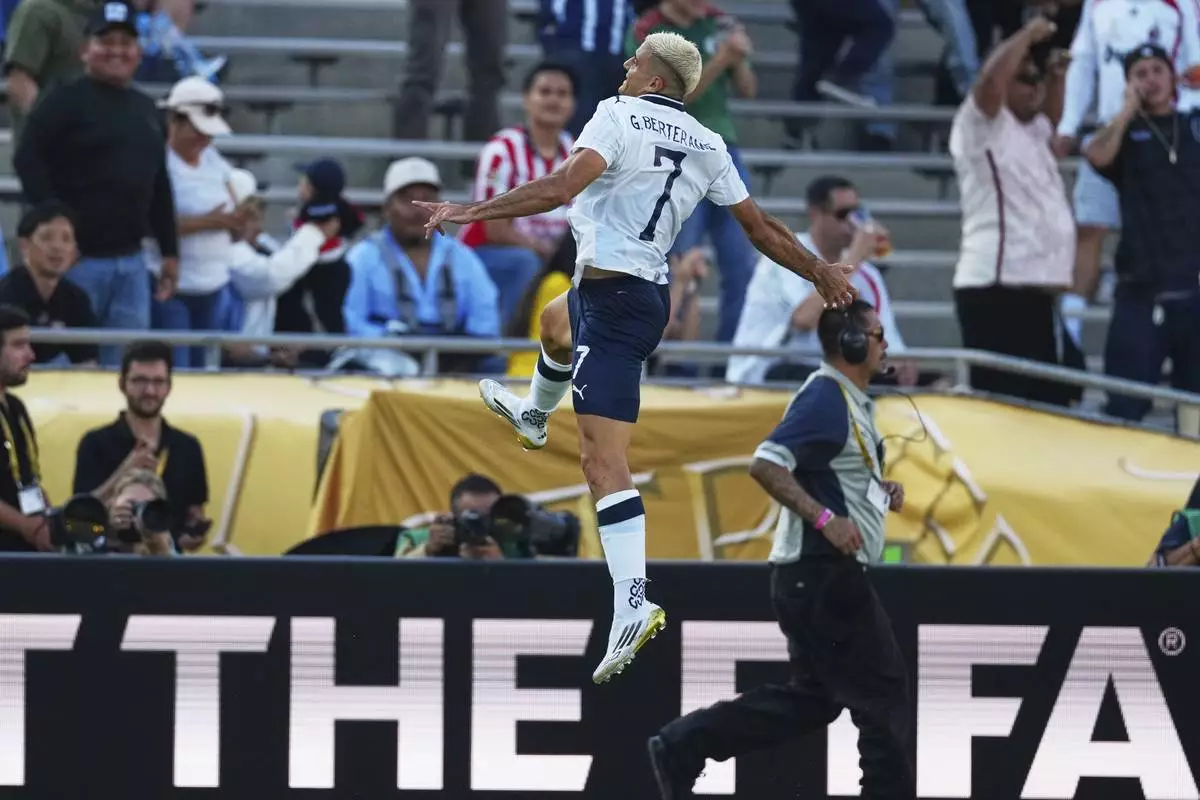 Monterrey's German Berterame celebrates after scoring his side's second goal against Urawa Red Diamonds during the Club World Cup Group E soccer match between Urawa Red Diamonds and CF Monterrey in Pasadena, Calif., Wednesday, June 25, 2025. (AP Photo/Jae Hong)