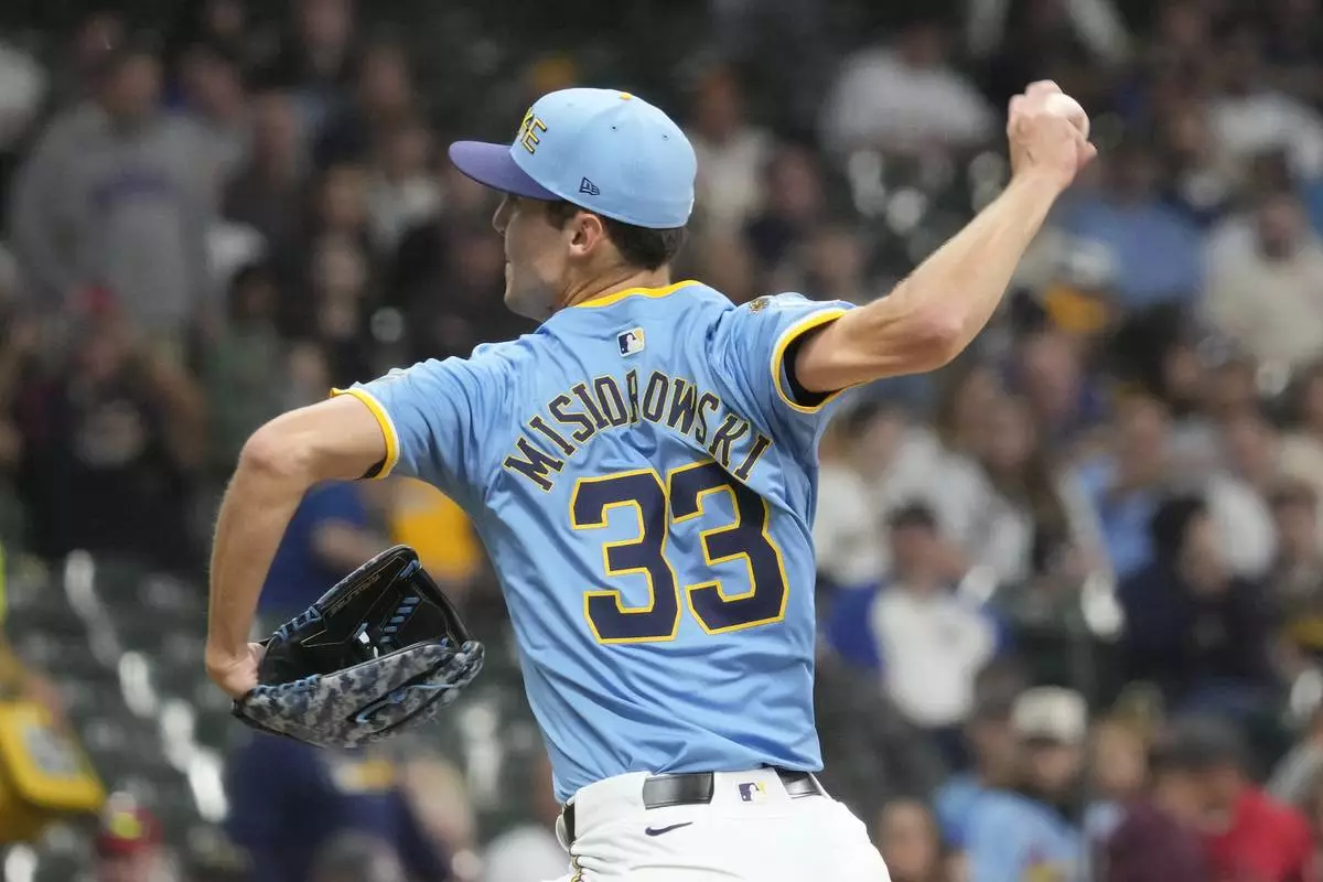 Milwaukee Brewers pitcher Jacob Misiorowski throws his first strikeout, against St. Louis Cardinals' Willson Contreras, as he makes his major league debut during the second inning of a baseball game Thursday, June 12, 2025, in Milwaukee. (AP Photo/Kayla Wolf)