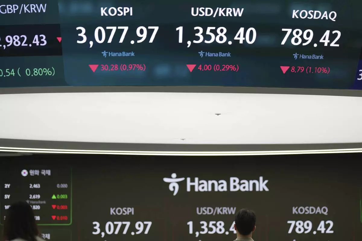 A dealer walks past near the screens showing the Korea Composite Stock Price Index (KOSPI), left, the foreign exchange rate between U.S. dollar and South Korean won and the Korean Securities Dealers Automated Quotations (KOSDAQ) at a dealing room of Hana Bank in Seoul, South Korea, Thursday, June 26, 2025. (AP Photo/Lee Jin-man)
