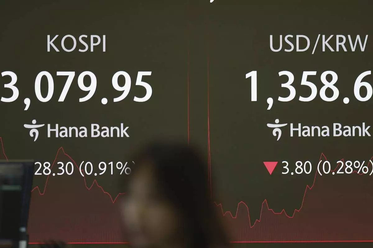 A dealer talks near the screens showing the Korea Composite Stock Price Index (KOSPI), left, and the foreign exchange rate between U.S. dollar and South Korean won at a dealing room of Hana Bank in Seoul, South Korea, Thursday, June 26, 2025. (AP Photo/Lee Jin-man)