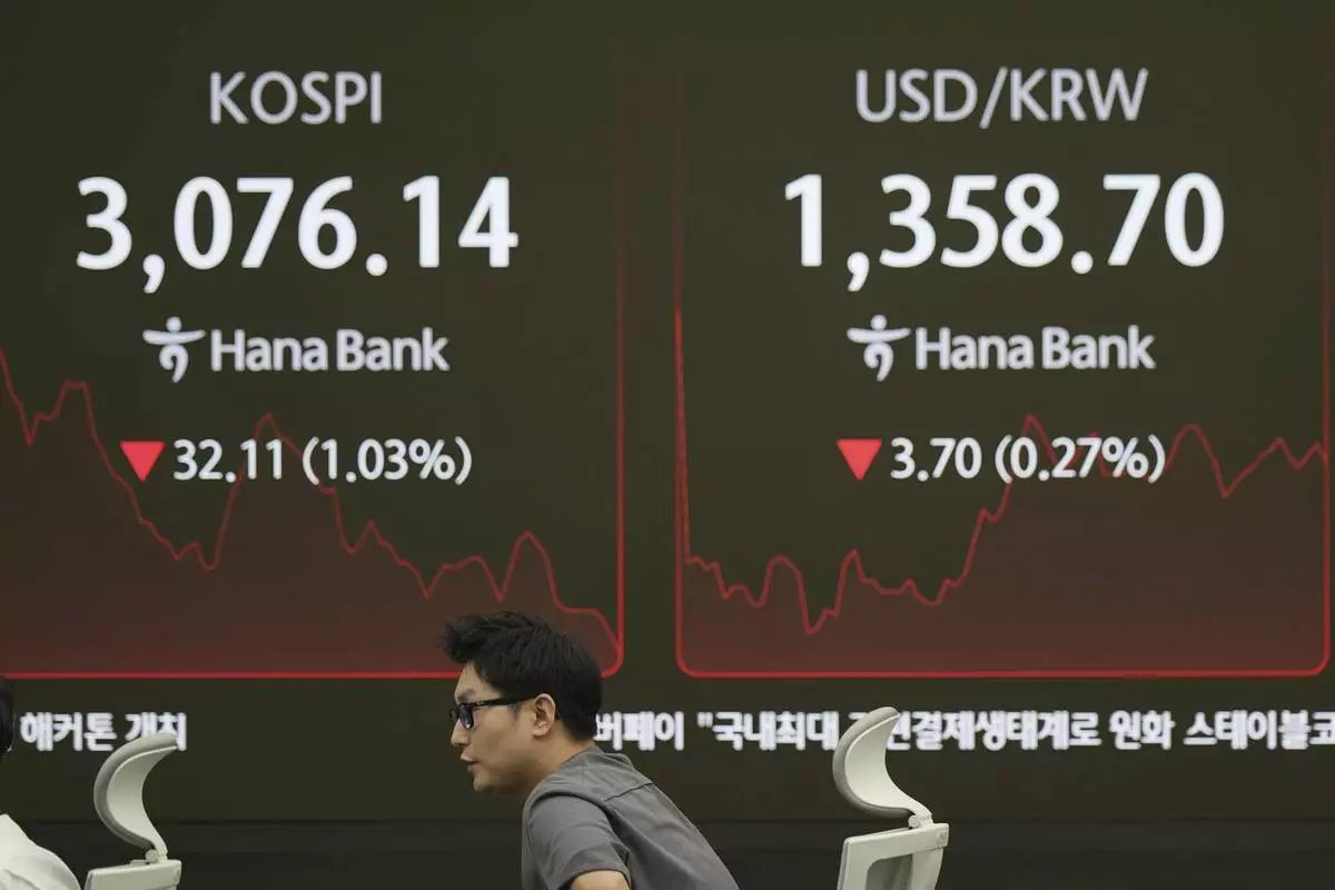 A dealer moves near the screens showing the Korea Composite Stock Price Index (KOSPI), left, and the foreign exchange rate between U.S. dollar and South Korean won at a dealing room of Hana Bank in Seoul, South Korea, Thursday, June 26, 2025. (AP Photo/Lee Jin-man)