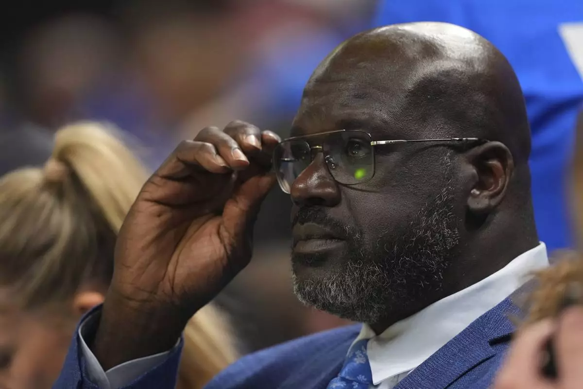Shaquille O'Neal watches the first half of Game 2 of the NBA Finals basketball series between the Indiana Pacers and the Oklahoma City Thunder Sunday, June 8, 2025, in Oklahoma City. (AP Photo/Julio Cortez)