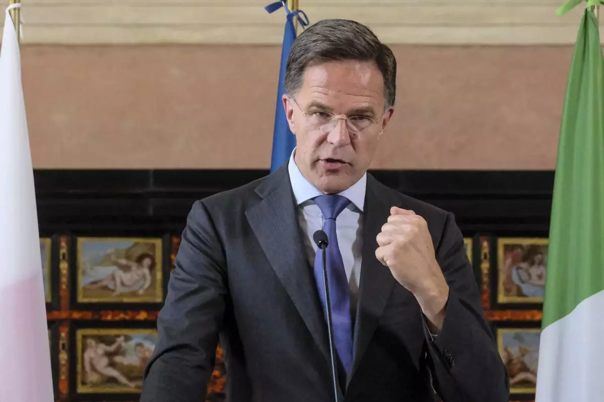 NATO Secretary General Mark Rutte attends the "Weimar Plus" Ministerial meeting in Rome, Thursday, June 12 2025. (Mauro Scrobogna/LaPresse via AP)