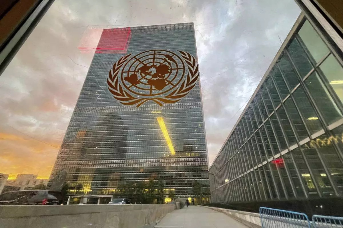 FILE -The United Nations headquarters building is seen from inside the General Assembly hall, Sept. 21, 2021, during the 76th Session of the U.N. General Assembly in New York. (Eduardo Munoz/Pool Photo via AP, File)