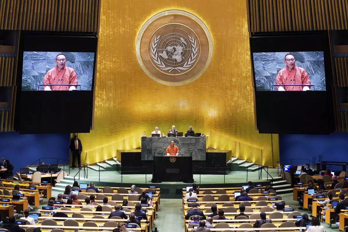 FILE - Bhutan Prime Minister Tshering Tobgay addresses the 79th session of the United Nations General Assembly, Sept. 27, 2024. (AP Photo/Richard Drew, File)