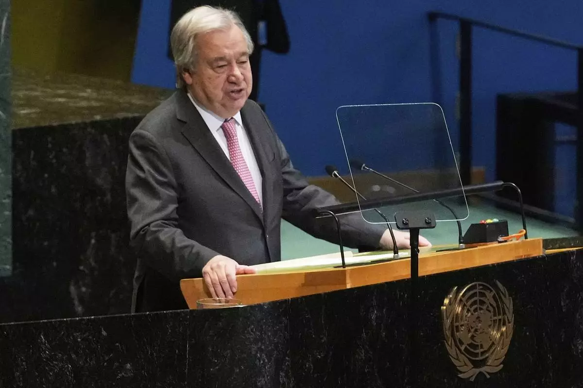 FILE - U.N. Secretary General Antonio Guterres addresses the United Nations General Assembly, June 2, 2025. (AP Photo/Richard Drew)