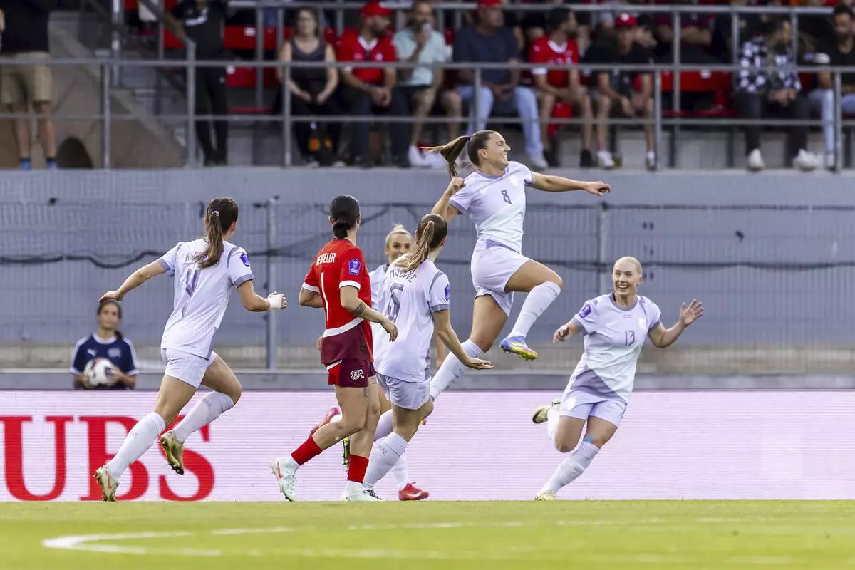 Norway's Vilde Boe Risa celebrates after scoring the opening goal during the Women's Nations League, group A2, soccer match between Switzerland and Norway in Sion, Switzerland, Tuesday, June 3, 2025. (Salvatore Di Nolfi)/Keystone via AP)