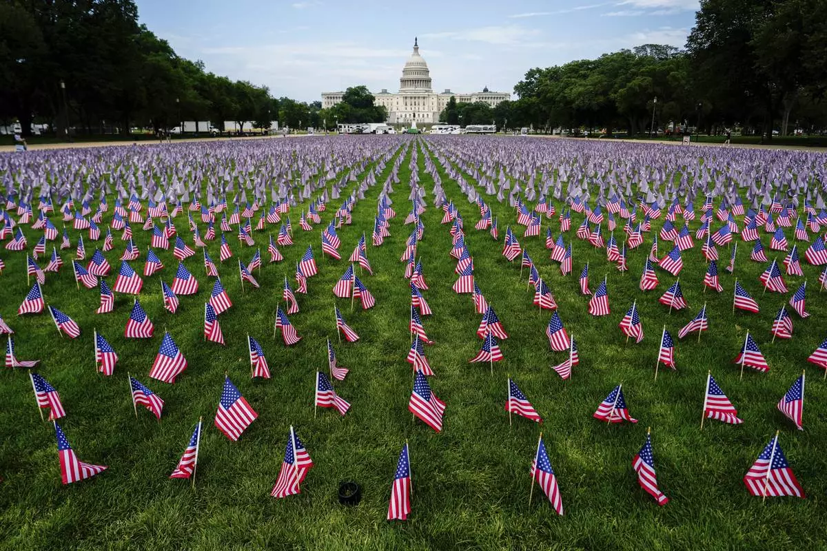 The U.S. Capitol is seen past American flags on the National Mall, Friday, June 6, 2025, on the National Mall in Washington. (AP Photo/Julia Demaree Nikhinson)