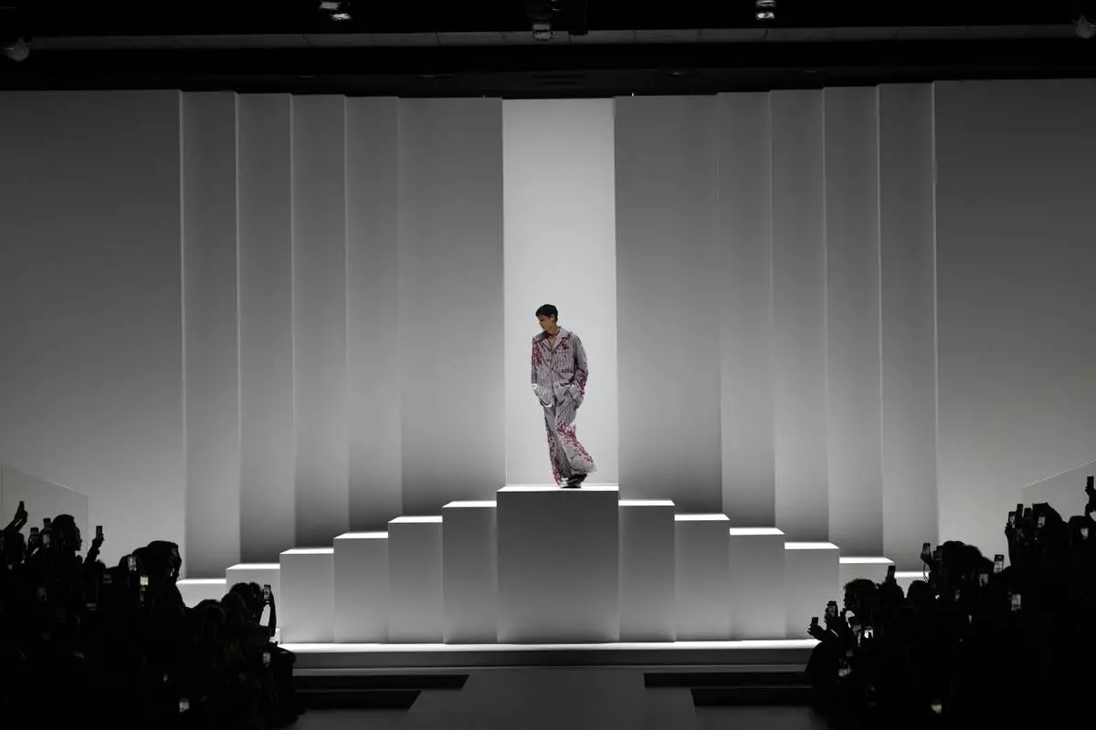 A model wears a creation as part of the men's Dolce &amp; Gabbana Spring-Summer 2026 collection, that was presented in Milan, Italy, Saturday, June 21, 2025. (AP Photo/Luca Bruno)