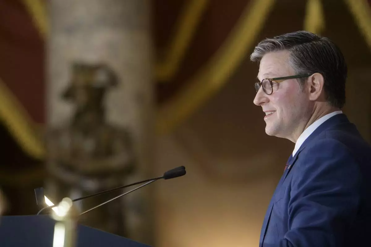 Speaker of the House Mike Johnson, R-La., speaks during a Congressional Gold Medal ceremony for three-time Tour de France winner Greg LeMond at the Capitol, Wednesday, July 9, 2025, in Washington. (AP Photo/Rod Lamkey, Jr.)