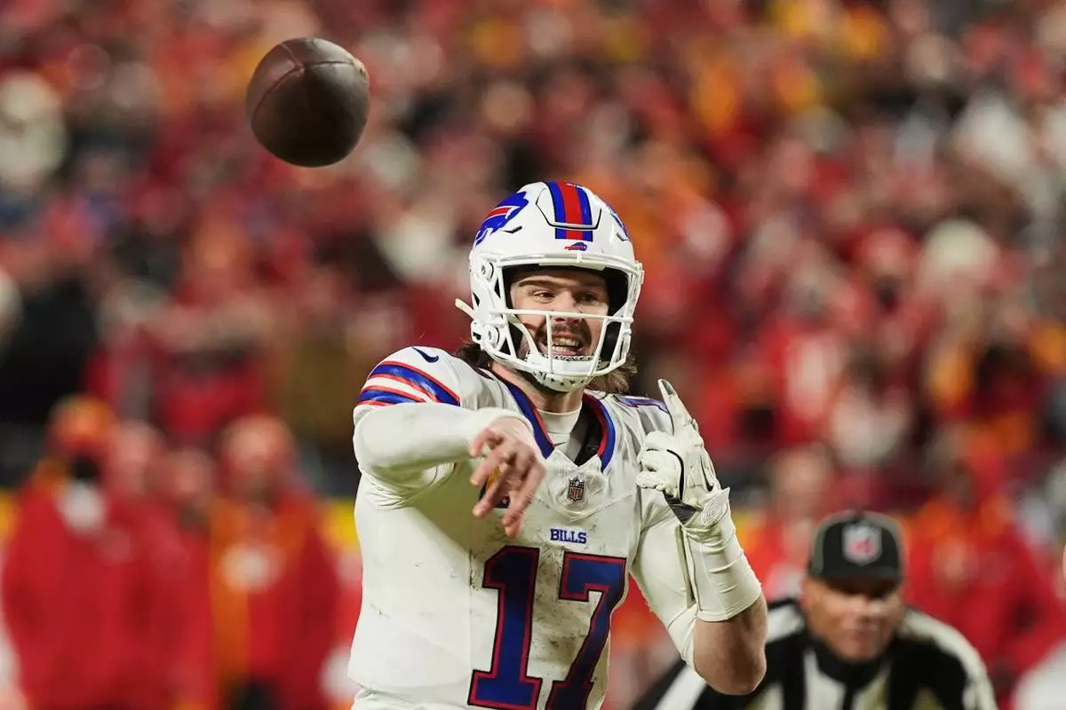 FILE - Buffalo Bills quarterback Josh Allen throws during the second half of the AFC Championship NFL football game against the Kansas City Chiefs, Sunday, Jan. 26, 2025, in Kansas City, Mo. (AP Photo/Charlie Riedel, File)