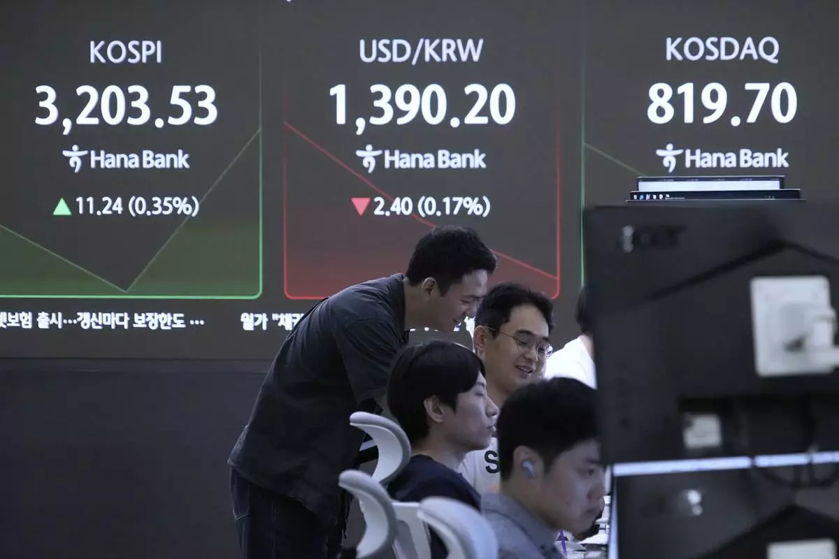Currency traders work near a screen showing the Korea Composite Stock Price Index (KOSPI), top left, and the foreign exchange rate between U.S. dollar and South Korean won, top center, at the foreign exchange dealing room of the Hana Bank headquarters in Seoul, South Korea, Friday, July 18, 2025. (AP Photo/Ahn Young-joon)