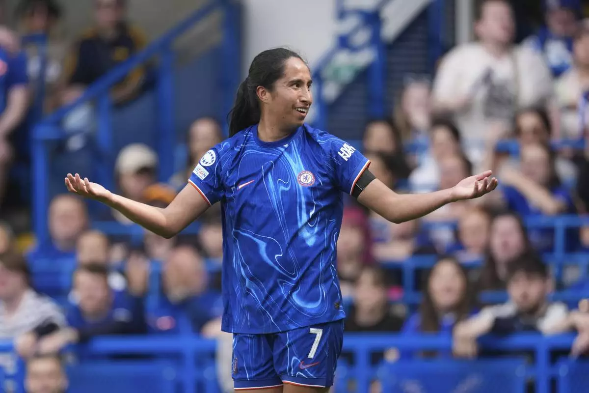 FILE - Chelsea's Mayra Ramirez reacts during the women's Champions League semifinals, second leg, soccer match against FC Barcelona at Stamford Bridge in London, April 27, 2025. (AP Photo/Dave Shopland, file)