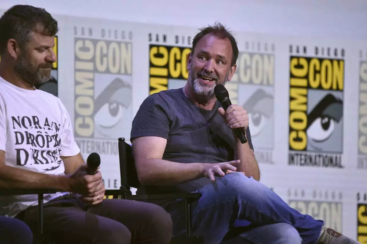 Matt Stone, left, and Trey Parker attend the Comedy Central Adult Animation: "South Park," "Beavis &amp; Butt-Head," and "Digman!" panel during Comic-Con International on Thursday, July 24, 2025, in San Diego. (Photo by Richard Shotwell/Invision/AP)