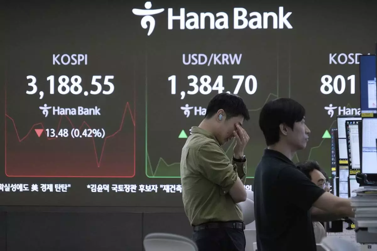 Currency traders work near a screen showing the Korea Composite Stock Price Index (KOSPI), left, and the foreign exchange rate between U.S. dollar and South Korean won, center, at the foreign exchange dealing room of the Hana Bank headquarters in Seoul, South Korea, Tuesday, July 15, 2025. (AP Photo/Ahn Young-joon)