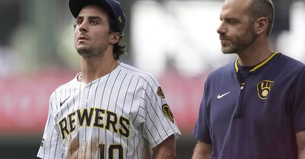 Brewers RF Sal Frelick departs after making a sliding grab