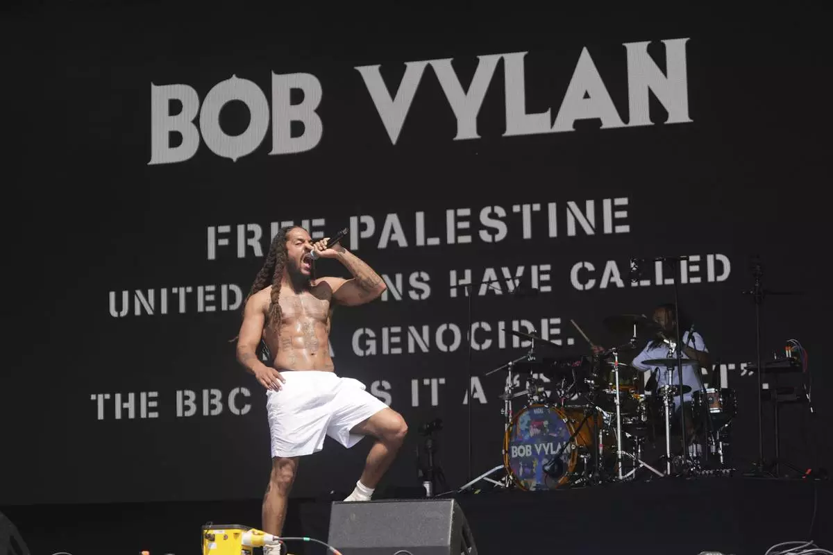 Bob Vylan perform on the West Holts Stage, during the Glastonbury Festival at Worthy Farm in Somerset. England, Saturday, June 28, 2025. (Yui Mok/PA via AP)
