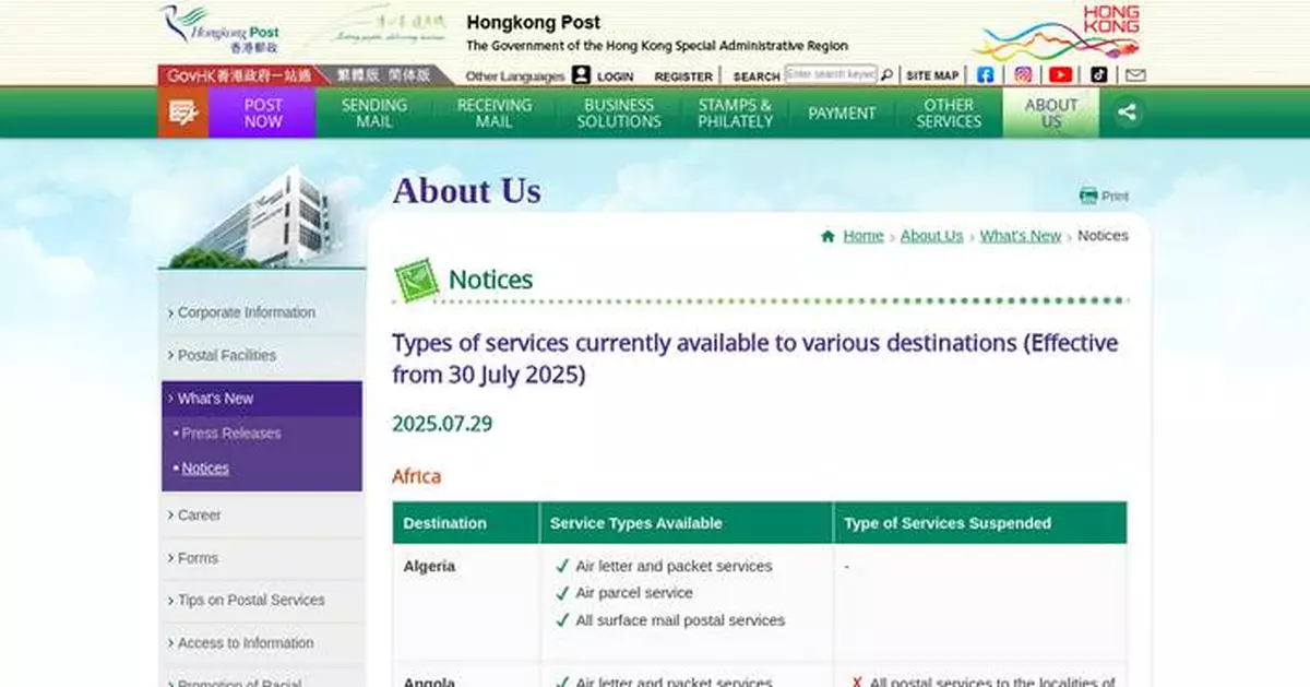 Hongkong Post Resumes Postal Services to Multiple Destinations Starting July 30