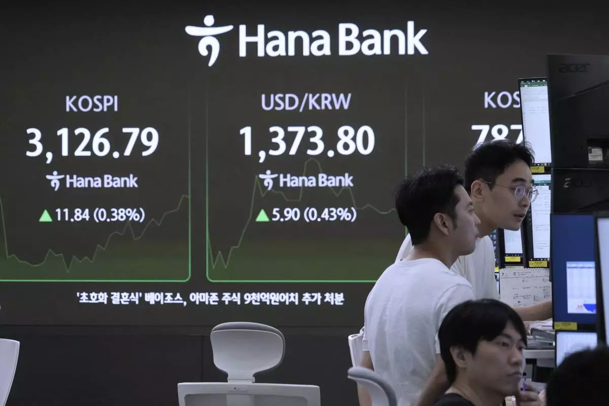 Currency traders watch monitors near a screen showing the Korea Composite Stock Price Index (KOSPI), top left, and the foreign exchange rate between U.S. dollar and South Korean won at the foreign exchange dealing room of the Hana Bank headquarters in Seoul, South Korea, Wednesday, July 9, 2025. (AP Photo/Ahn Young-joon)