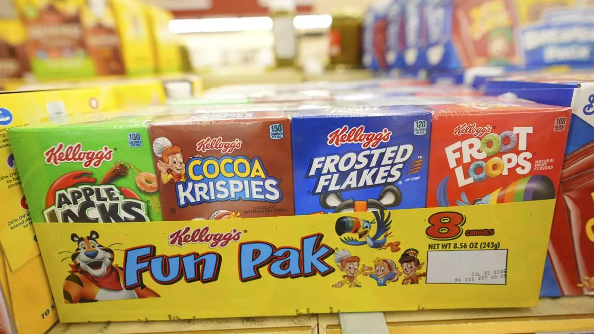 Kellogg's cereal products are shown at a grocery store in Richardson, Texas, Friday, July 11, 2025. (AP Photo/LM Otero)
