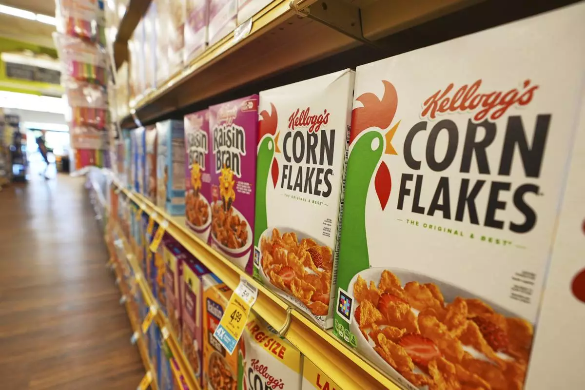 Kellogg's cereal products are shown at a grocery store in Richardson, Texas, Friday, July 11, 2025. (AP Photo/LM Otero)