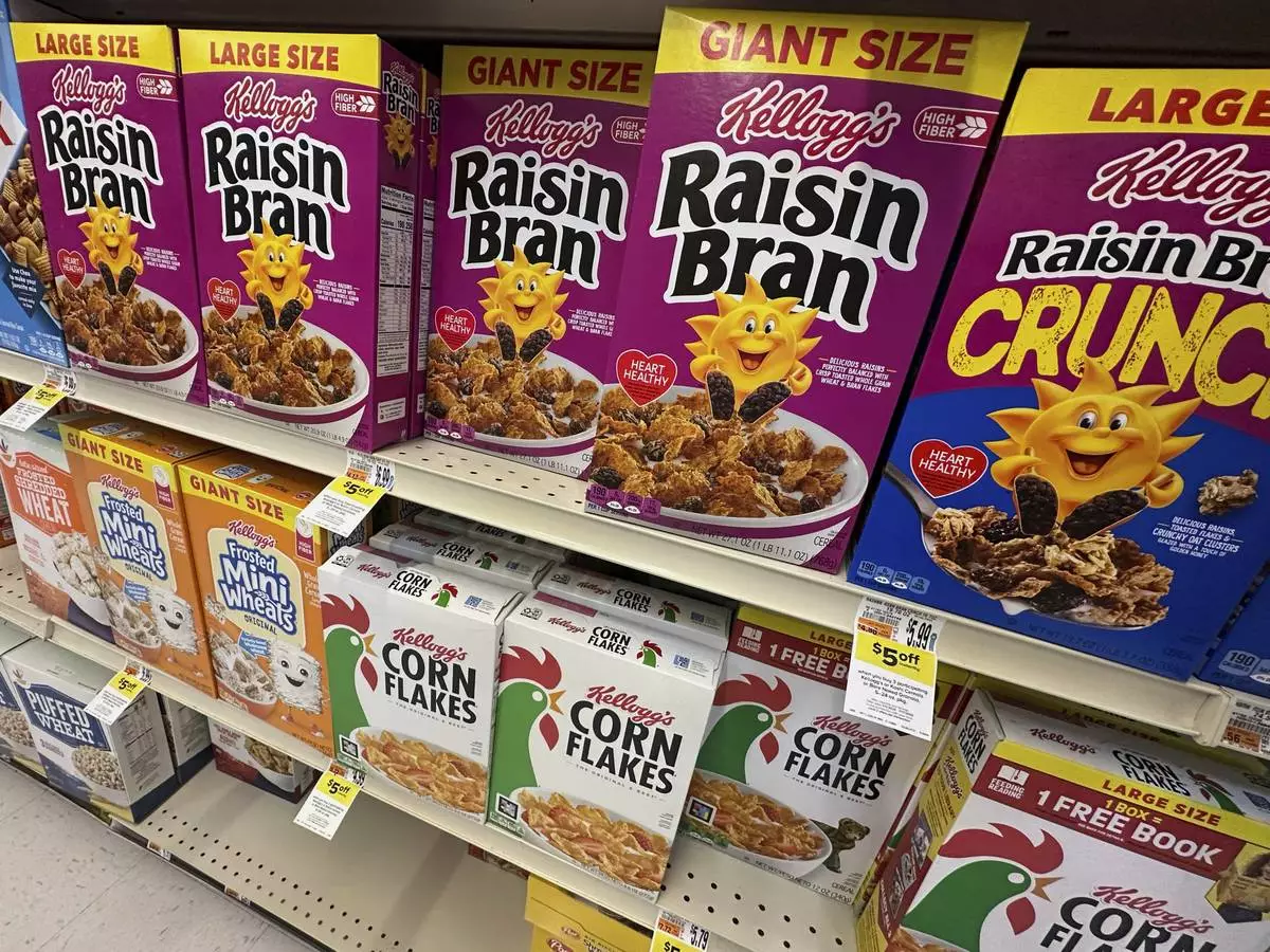 Boxes of Kellogg's breakfast cereal are seen at a super market, Friday, July 11, 2025, in Springfield, Pa. (AP Photo/Matt Slocum)