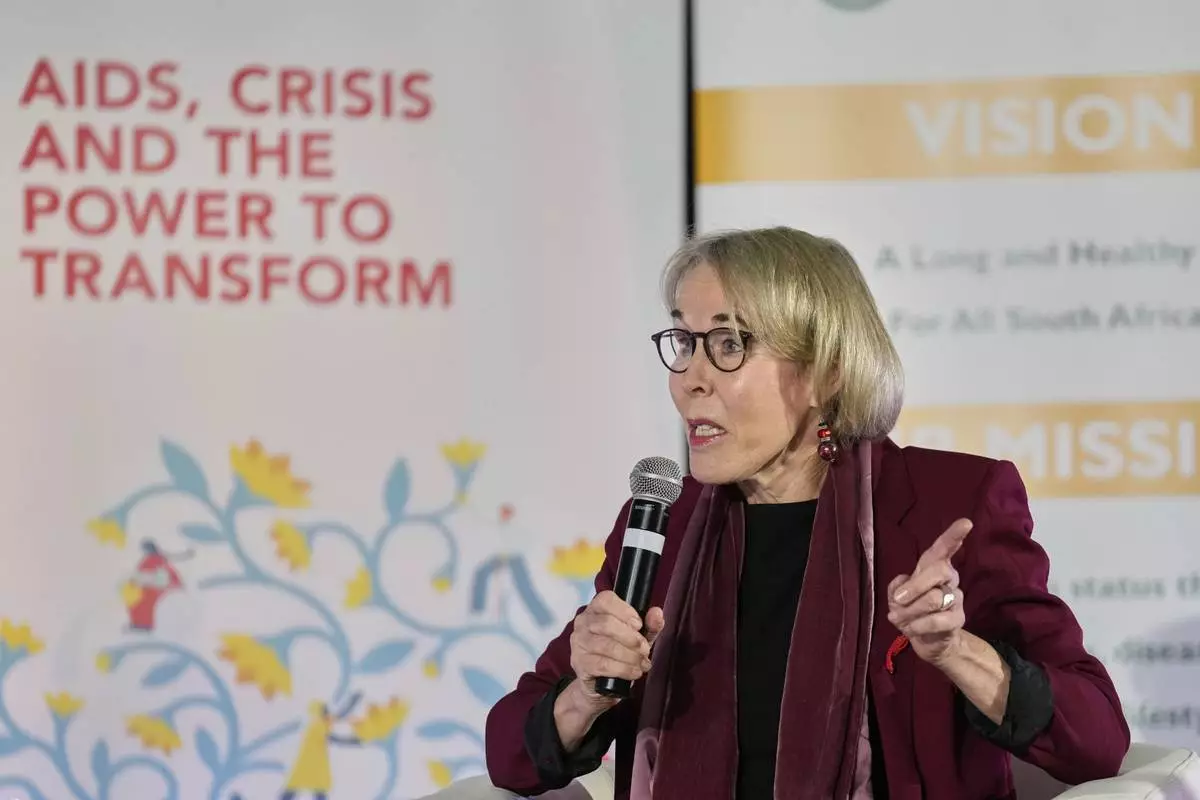 Helen Rees, Executive Director, Wits RHI, Reproductive Health and HIV Institute, speaks during the UNAIDS report release at Bertha Gxowa Hospital in Germiston, South Africa, Thursday, July 10, 2025. (AP Photo/Themba Hadebe)