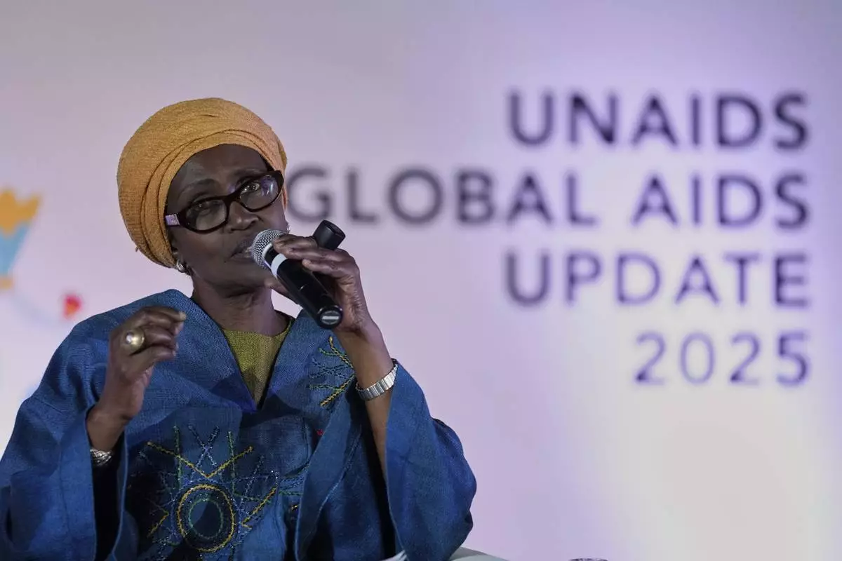 Winnie Byanyima, Executive Director of UNAIDS and Under-Secretary-General of the United Nations, speaks during the UNAIDS report release at Bertha Gxowa Hospital in Germiston, South Africa, Thursday, July 10, 2025. (AP Photo/Themba Hadebe)